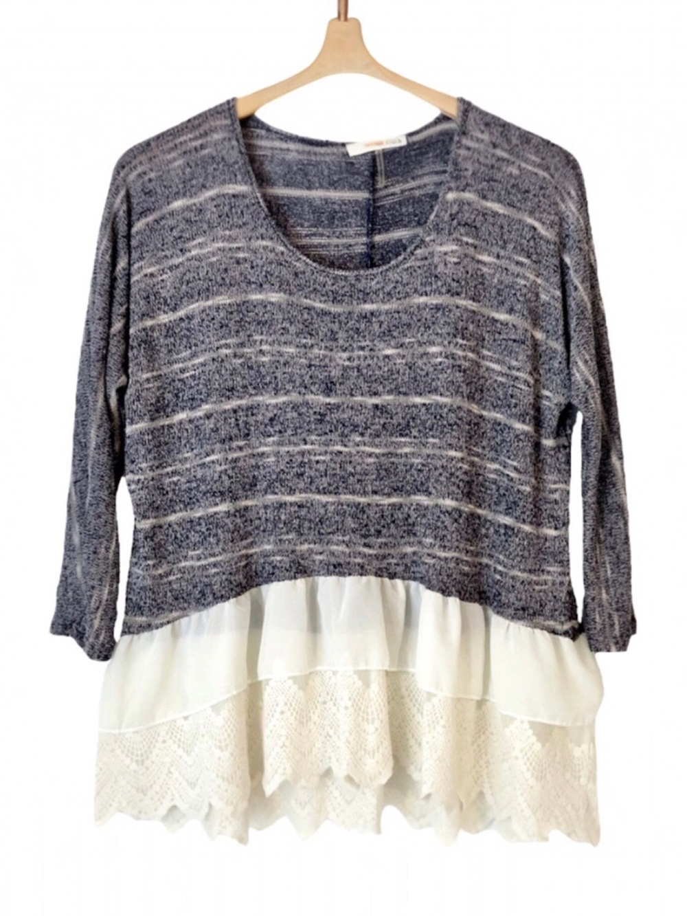 Orange Creek Layered Lace Sweater Size S Striped Knit Slouchy Loose Fit Top